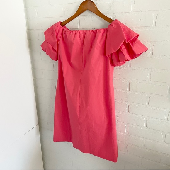 Club Monaco Statement Off-Shoulder Crisp Poplin Cotton Ruffle Micro Dress Coral - Picture 9 of 9